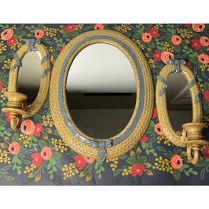 Vintage Mirror Sconce Set Cottagecore Blue Bow Plastic Wicker Look Decor